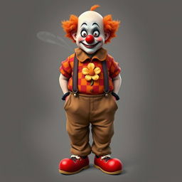 A semi-orc character with clown makeup and a clown nose, wearing oversized pants that make them look chubby with two suspenders reaching up to the shoulders