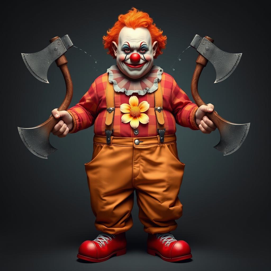 A semi-orc character with clown makeup and a clown nose, wearing oversized pants that make them look chubby with two suspenders reaching up to the shoulders