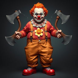 A semi-orc character with clown makeup and a clown nose, wearing oversized pants that make them look chubby with two suspenders reaching up to the shoulders