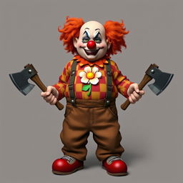 A semi-orc character with clown makeup and a clown nose, wearing oversized pants that make them look chubby with two suspenders reaching up to the shoulders