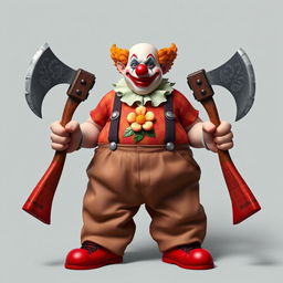 A semi-orc character with clown makeup and a clown nose, wearing oversized pants that make them look chubby with two suspenders reaching up to the shoulders