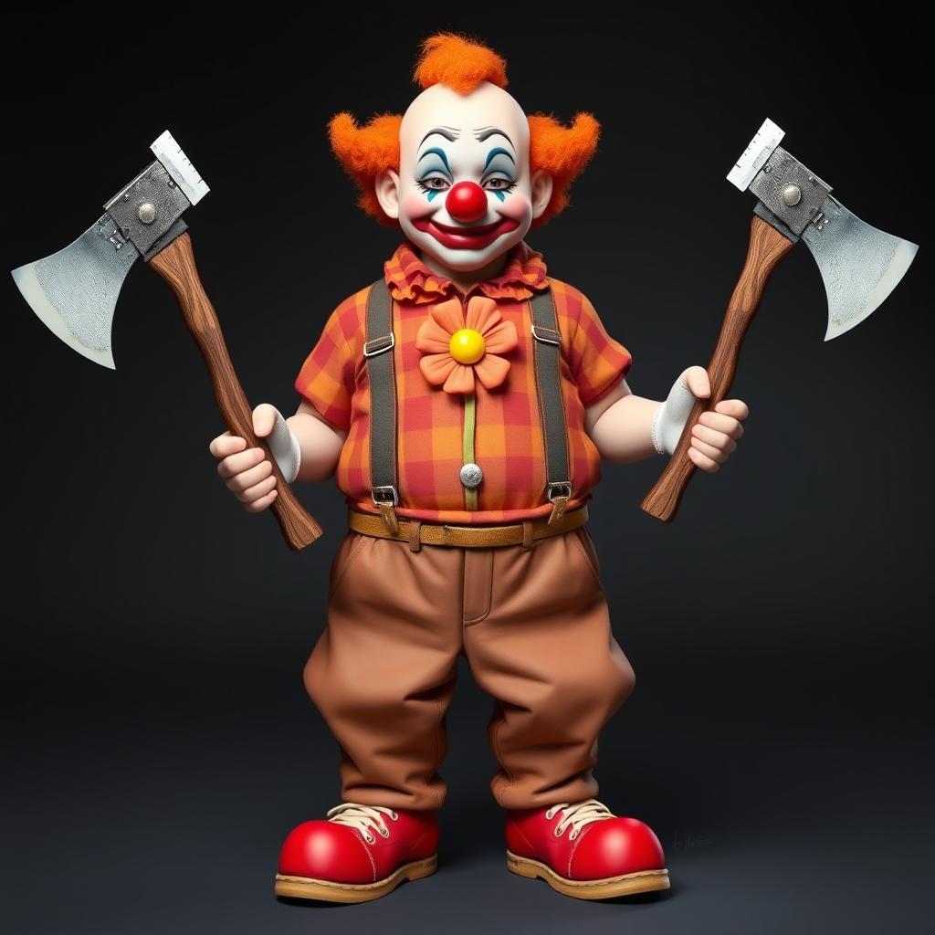 A semi-orc character with clown makeup and a clown nose, wearing oversized pants that make them look chubby with two suspenders reaching up to the shoulders