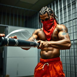 close-up of a muscular African American gang member standing in a prison cell, wearing baggy orange pants and a red bandana mask over the nose and mouth