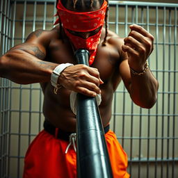 close-up of a muscular African American gang member standing in a prison cell, wearing baggy orange pants and a red bandana mask over the nose and mouth