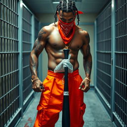 A close-up of a muscular African American gang member in a prison cell, wearing baggy orange pants and a red bandana mask over his nose and mouth