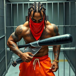 A close-up of a muscular African American gang member in a prison cell, wearing baggy orange pants and a red bandana mask over his nose and mouth