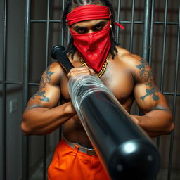 A close-up of a muscular African American gang member in a prison cell, wearing baggy orange pants and a red bandana mask over his nose and mouth