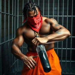 A close-up of a muscular African American gang member in a prison cell, wearing baggy orange pants and a red bandana mask over his nose and mouth