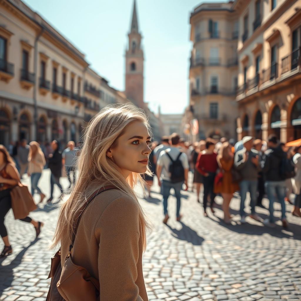 In a bustling plaza, two strangers stand on the brink of meeting