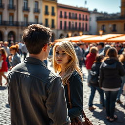 In a bustling plaza, two strangers stand on the brink of meeting