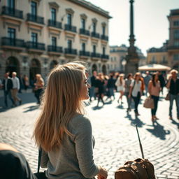 In a bustling plaza, two strangers stand on the brink of meeting