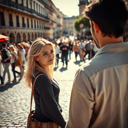 In a bustling plaza, two strangers stand on the brink of meeting