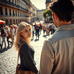 In a bustling plaza, two strangers stand on the brink of meeting