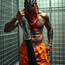 A close-up of a muscular African American gang member wearing baggy orange pants and a red bandana mask covering his nose and mouth