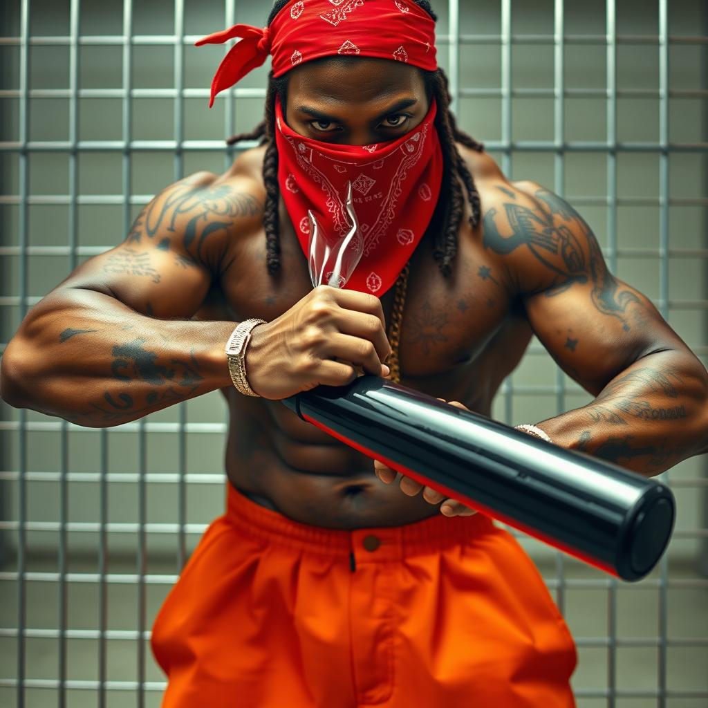 A close-up of a muscular African American gang member wearing baggy orange pants and a red bandana mask covering his nose and mouth