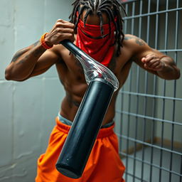 A close-up of a muscular African American gang member wearing baggy orange pants and a red bandana mask covering his nose and mouth