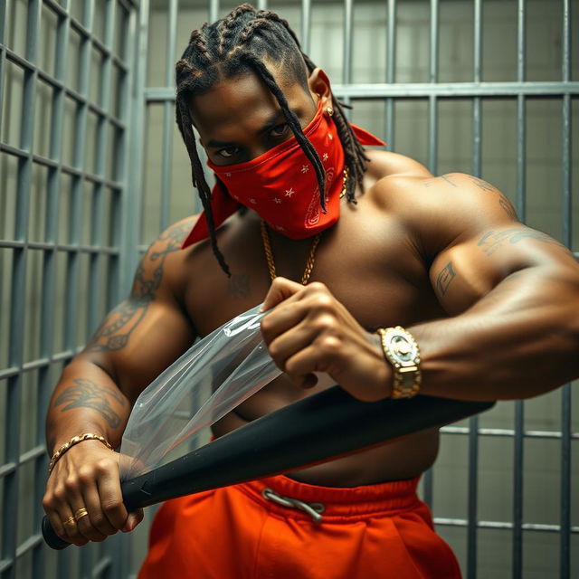 Close-up of a muscular African American gang member in a prison cell