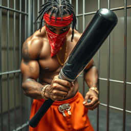 Close-up of a muscular African American gang member in a prison cell