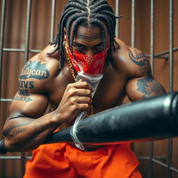 close-up of a muscular African American gang member in prison cell, featuring baggy orange pants and a red bandana mask covering nose and mouth