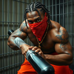 close-up of a muscular African American gang member in prison cell, featuring baggy orange pants and a red bandana mask covering nose and mouth