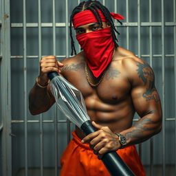 close-up of a muscular African American gang member in prison cell, featuring baggy orange pants and a red bandana mask covering nose and mouth