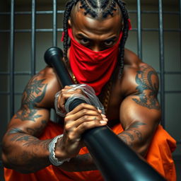 close-up of a muscular African American gang member in prison cell, featuring baggy orange pants and a red bandana mask covering nose and mouth