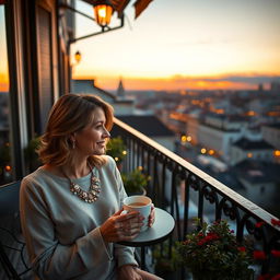 A couple enjoying coffee together on a charming balcony during the early evening