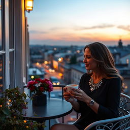 A couple enjoying coffee together on a charming balcony during the early evening