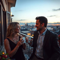 A couple enjoying coffee together on a charming balcony during the early evening