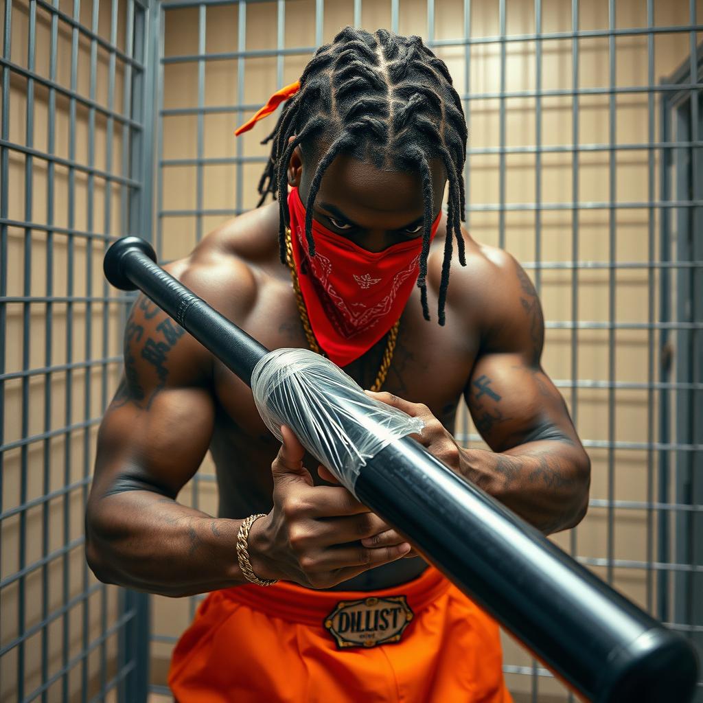 A close-up of a muscular African American gang member in a prison cell