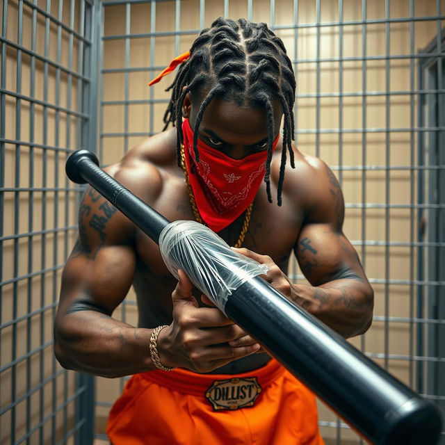 A close-up of a muscular African American gang member in a prison cell