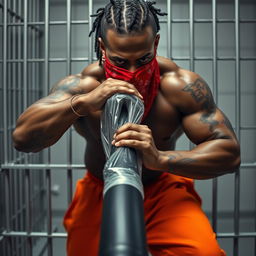 A close-up of a muscular African American gang member in a prison cell