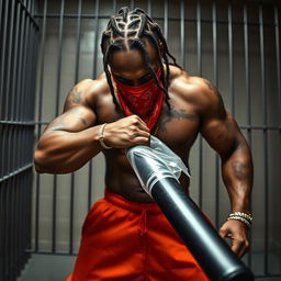 A close-up of a muscular African American gang member in a prison cell