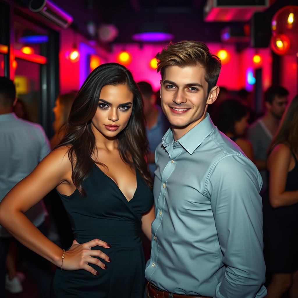 At a vibrant nighttime party, a young woman confidently blocks the path of a young man with an assertive yet playful demeanor