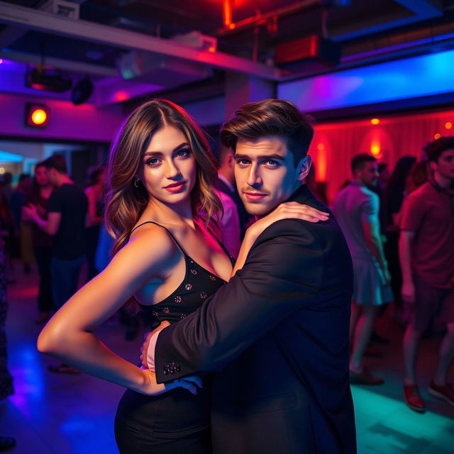 At a vibrant nighttime party, a young woman confidently blocks the path of a young man with an assertive yet playful demeanor