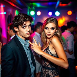 At a vibrant nighttime party, a young woman confidently blocks the path of a young man with an assertive yet playful demeanor