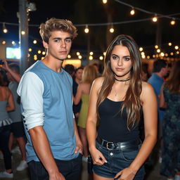 An outdoor nighttime party, where a young woman confidently blocks the path of a young man