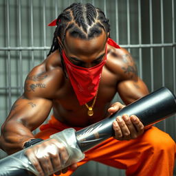 close-up of a muscular African American gang member in a prison cell, displaying impressive physique