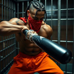 close-up of a muscular African American gang member in a prison cell, displaying impressive physique