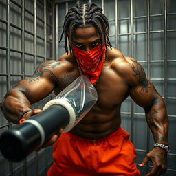 close-up of a muscular African American gang member in a prison cell, displaying impressive physique