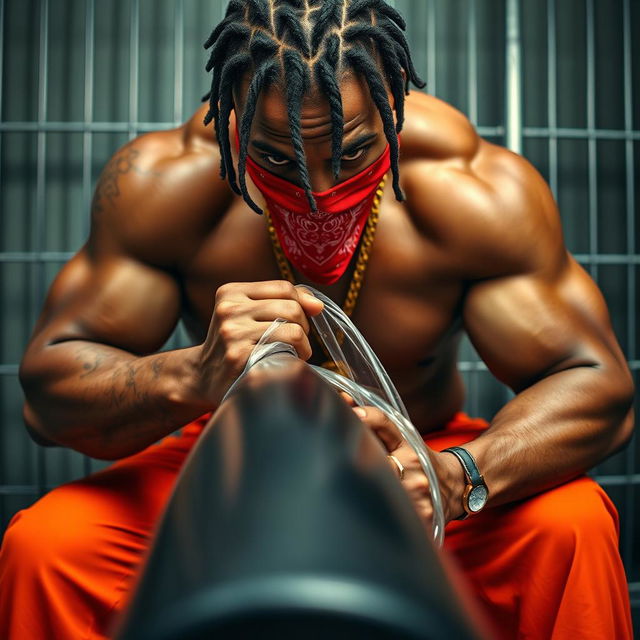 close-up of a muscular African American gang member in a prison cell, displaying impressive physique