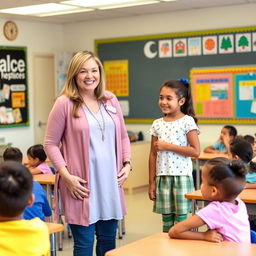 In a classroom setting, a teacher stands at the front, confidently introducing a new student to the class