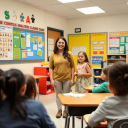 In a classroom setting, a teacher stands at the front, confidently introducing a new student to the class