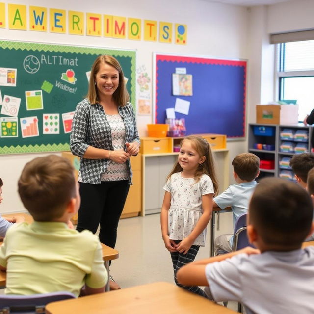 In a classroom setting, a teacher stands at the front, confidently introducing a new student to the class