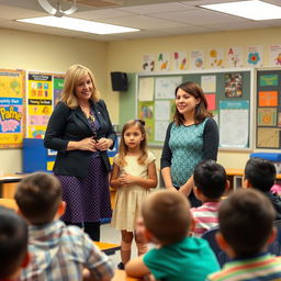 In a classroom setting, a teacher stands at the front, confidently introducing a new student to the class