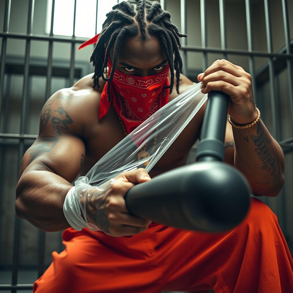 A close-up of a muscular African American gang member with cornrows and tattoos, dressed in baggy orange pants and a red bandana mask covering nose and mouth