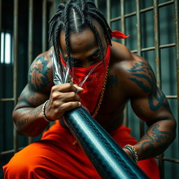 A close-up of a muscular African American gang member with cornrows and tattoos, dressed in baggy orange pants and a red bandana mask covering nose and mouth