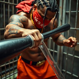 A close-up of a muscular African American gang member with cornrows and tattoos, dressed in baggy orange pants and a red bandana mask covering nose and mouth