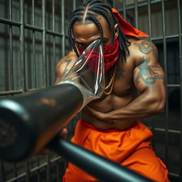 A close-up of a muscular African American gang member with cornrows and tattoos, dressed in baggy orange pants and a red bandana mask covering nose and mouth