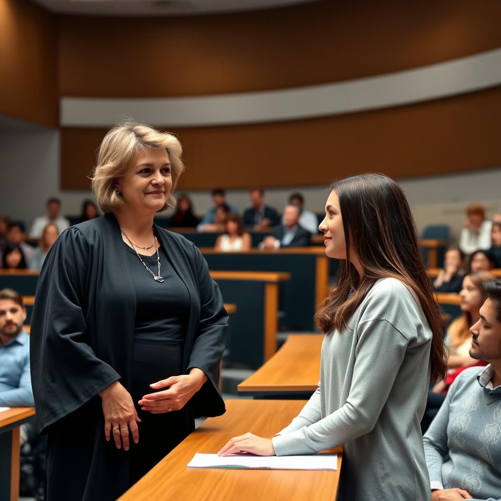 In a university lecture hall, a professor stands confidently in front of the class, introducing a new student